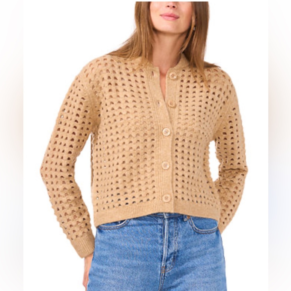Vince Camuto Camel Button-Up Women's pointelle Cardigan